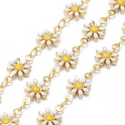 White Handmade Brass Enamel Link Chains, with Spool, Soldered, Long-Lasting Plated, Golden, Daisy, White, 12.5x7.5x2mm, about 32.8 Feet(10m)/roll