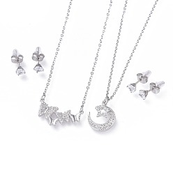 Stainless Steel Color 304 Stainless Steel Jewelry Sets, Brass Micro Pave Cubic Zirconia Pendant Necklaces and 304 Stainless Steel Stud Earrings, with Ear Nuts/Earring Back, Mixed Shapes, Stainless Steel Color, 17.3~18.5 inch(44~47cm), 5.5x4mm, Pin: 0.8mm