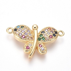 Golden Brass Micro Pave Cubic Zirconia Links connectors, Butterfly, Colorful, Golden, 15x24.5x5mm, Hole: 1.4mm