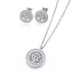 Stainless Steel Color 304 Stainless Steel Jewelry Sets, Pendant Necklaces and Stud Earrings, with Polymer Clay Rhinestone, Flat Round with Tree of Life, Stainless Steel Color, 17.32 inch(44cm), 14x2mm, Pin: 0.8mm