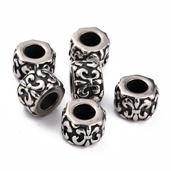 Antique Silver 304 Stainless Steel European Beads, Large Hole Beads, Column with Fleur De Lis, Antique Silver, 9x7mm, Hole: 4.5mm
