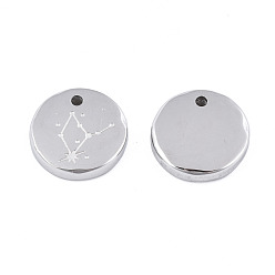 Virgo 316 Surgical Stainless Steel Charms, Flat Round with Constellation, Stainless Steel Color, Virgo, 10x2mm, Hole: 1mm