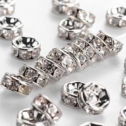 Clear Middle East Rhinestone Spacer beads, Clear, Brass, Platinum Metal Color, Nickel Free, Size: about 6mm in diameter, 3mm thick, hole: 1mm