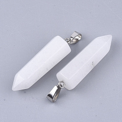 White Jade Natural White Jade Point Pendants, with Platinum Tone Brass Findings, Bullet, 35~37x10~11x9~10mm, Hole: 6~7x2.5~4mm