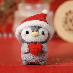 Heart Penguin Pendant Decoration DIY Needle Felting Beginner Kits, including Wool, Felting Needle, Foam Board, Instruction, Christmas Hat & Heart, 50mm