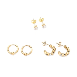 Золотой 3 пары 3 стильные серьги-гвоздики с кристаллами и стразами и бриллиантами, ионное покрытие (ip) 304 серьги-кольца из нержавеющей стали для женщин, золотые, 5~14 мм, штифты : 1 мм, 1 пара / стиль