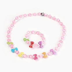 Pink Acrylic Beads Kids Jewelry Sets, Stretch Bracelets & Necklaces, Bowknot and Heart, Pink, 1-5/8 inch(4.3cm), 19.29 inch(49cm)
