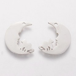Stainless Steel Color 201 Stainless Steel Pendants, Moon with Cat, Stainless Steel Color, 18.5x15x1.1mm, Hole: 1.5mm