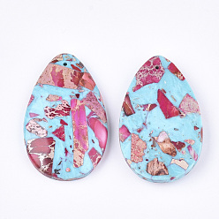 Deep Pink Assembled Synthetic Imperial Jasper and Turquoise Pendants, Dyed, teardrop, Deep Pink, 48x30~30.5x7mm, Hole: 1.4mm
