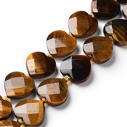 Œil De Tigre Chapelets de perles oeil de tigre naturelles, coeur d'amour à facettes, avec des perles de rocaille, 11~12x12x4~5mm, Trou: 0.9mm, Environ 30~32 pcs/chapelet, 15.35'' (39 cm)
