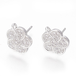 Platinum Brass Stud Earring Findings, with Cubic Zirconia and Loop, Flower, Clear, Platinum, 11x9.5mm, Hole: 1mm, Pin: 0.8mm