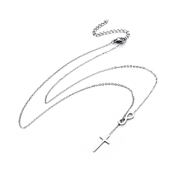 Stainless Steel Color 304 Stainless Steel Cable Chains Lariat Necklaces, with Lobster Claw Clasps, Infinity with Cross, Stainless Steel Color, 17.3 inch(44cm), 1mm