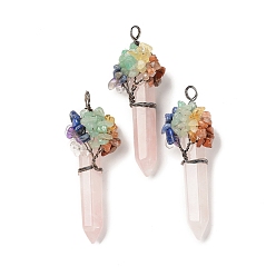 Rose Quartz 7 Chakra Pointed Natural Rose Quartz Big Pendants, Chip Gems Tree Faceted Bullet Charms with Red Copper Plated Rack Plating Copper Wire Wrapped, Cadmium Free & Lead Free, 62~66.5x22~26x17.5~18mm, Hole: 4.2~6.5mm
