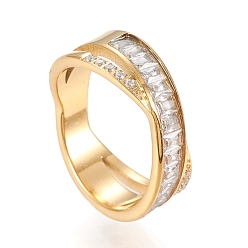 Золотой 304 из нержавеющей стали крест крест кольца, двойного кольца, х кольца, с четким кубического циркония, золотые, Размер 6~9, внутренний диаметр: 16~19 мм