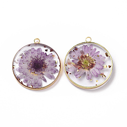 Plum Transparent Clear Epoxy Resin Pendants, with Edge Golden Plated Brass Loops and Gold Foil, Flat Round Charms with Inner Flower, Plum, 33.8x30x4mm, Hole: 2.5mm