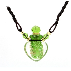 Lime Green Lampwork Perfume Bottle Necklaces with Ropes, Heart, Lime Green, 22.05~28.35 inch(56~72cm), Pendant: 22x12x20, Capacity: 1ml(0.03fl. oz)