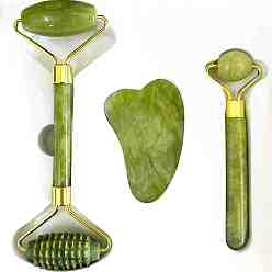 Green Natural Jade Therapy Massage Tool Kit, Including Gua Sha Board & Facial Rolloer, Scraping Massage Tools, Green, 145x55mm, 3Pcs/set