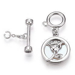 Platinum White Shell Toggle Clasps, with Brass Findings, Flat Round with Rose, Platinum, 41.5mm, T Clasps: 5.5x18x4mm, O Clasps: 12x12x1mm