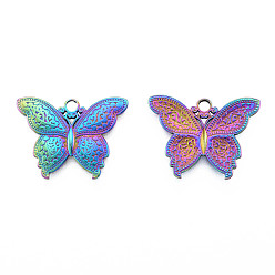 Rainbow Color Placage ionique (ip) 201 pendentifs en acier inoxydable, papillon, couleur arc en ciel, 19x25x2mm, Trou: 2.5mm