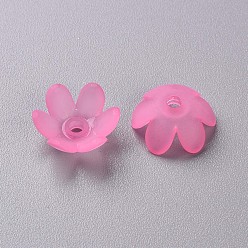 Hot Pink Frosted Acrylic Bead Caps, 6-Petal, Flower, Hot Pink, 14x6mm, Hole: 2mm, about 1660pcs/500g