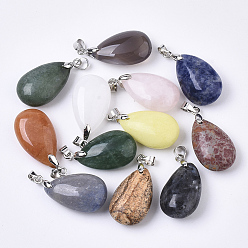 Mixed Stone Natural Mixed Stone Pendants, with Platinum Plated Brass Ice Pick Pinch Bails, Teardrop, 24x15x9mm, Hole: 3.5mm, 12pcs/box