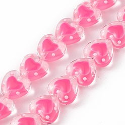 Rose Chaud Brins de perles à chalumeau manuels, avec l'émail, cœur, rose chaud, 12x12.5x7mm, Trou: 1mm, Environ 30 pcs/chapelet, 13.39 pouce (34 cm)