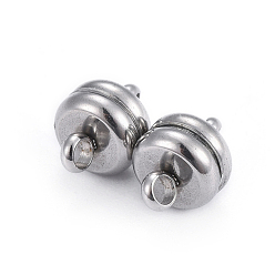 Stainless Steel Color 202 Stainless Steel Magnetic Clasps with Loops, Flat Round, Stainless Steel Color, 10.5mm, Hole: 1.4mm
