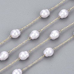 Creamy White Handmade ABS Plastic Imitation Pearl Beads Chains, for Necklaces Bracelets Making, with Brass Paperclip Chains, Long-Lasting Plated, Soldered, Light Gold, Creamy White, Link: 3x1x0.4mm, Oval: 1/4x1/4 inch(7.5x6.5mm,Link: 3x1x0.4mm, Oval: 7.5x6.5mm