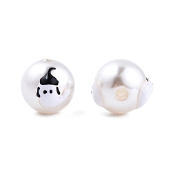 Negro Cuentas de esmalte de perlas de imitación de plástico abs opaco de halloween, redondo con fantasma, negro, 11.5~12 mm, agujero: 2 mm