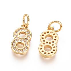 Number Brass Micro Pave Clear Cubic Zirconia Charms, with Jump Ring, Number, Golden, Num.8, 12.5x7x2mm, Hole: 3mm