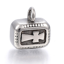 Antique Silver 304 Stainless Steel Cord Ends, End Caps, Rectangle with Cross, Antique Silver, 15x13.5x7mm, Hole: 3.5mm, 4mm Inner Diameter