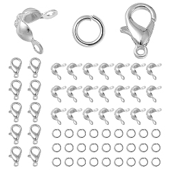 Silver 30Pcs Zinc Alloy Lobster Claw Clasps, Parrot Trigger Clasps, Jewelry Making Findings, with 50Pcs Iron Bead Tips and 50Pcs Iron Open Jump Rings, Silver, 12x6mm, Hole: 1.2mm