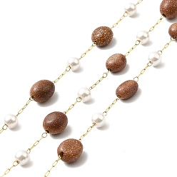 Goldstone Ion Plating(IP) 316 Surgical Stainless Steel Paperclip Chains, with Synthetic Goldstone Nuggets Beads and Glass Beads, Soldered, Real 18K Gold Plated, with Spool, Link: 3x1x0.3mm, Glass: 3~4.5mm, Gemstone: 6~10x4~9.5x4~7mm