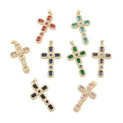 Mixed Color Rack Plating Brass Pendants, with Glass Cubic Zirconia, Religion Cross Charm, Cadmium Free & Lead Free, Long-Lasting Plated, Real 18K Gold Plated, Mixed Color, 46x26x4mm, Hole: 5X3mm