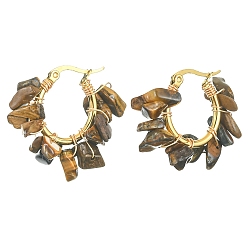 Tiger Eye Natural Tiger Eye Chips Braided Hoop Earrings, 304 Stainless Steel Wire Wrap Jewelry for Women, 25~27x28~33x7~9mm, Pin: 0.6mm