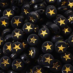 Plaqué Or Perles acryliques opaques noires, plat et circulaire avec étoile, plaqué or, 7x4mm, Trou: 1.5mm, environ 200 pcs / sachet 