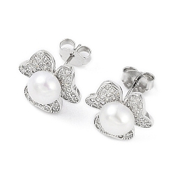 Platine Fleur de zircone cubique avec boucles d'oreilles en perles naturelles, rhodié 925 boucles d'oreilles en argent sterling pour femmes, platine, 12x13mm