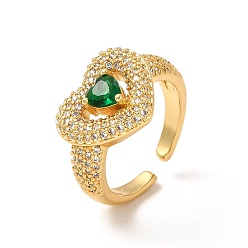 Темно-Зеленый Открытое кольцо-манжета в форме сердца из кубического циркония, настоящие позолоченные украшения из латуни для женщин, без кадмия и без свинца, темно-зеленый, внутренний диаметр: 18 мм