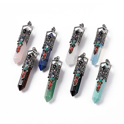 Mixed Stone Natural & Synthetic Mixed Gemstone Big Pendants, 7 Chakra Faceted Bullet Charms, with Rack Plating Antique Silver Tone Alloy Crown Findings, Cadmium Free & Lead Free, Mixed Dyed and Undyed, 84x20x19.5mm, Hole: 8x5mm