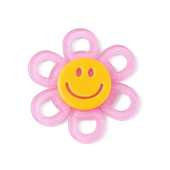 Violet Acrylic Cabochons, with Glitter Powder, Flower with Smiling Face, Violet, 37x4.5mm