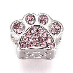 Light Rose 304 Stainless Steel European Beads, Large Hole Beads, with Rhinestone, Footprint, Stainless Steel Color, Light Rose, 9x11x7.5mm, Hole: 4mm
