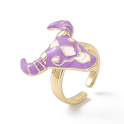 Medium Purple Enamel OX Head Open Cuff Ring, Real 18K Gold Plated Brass Jewelry for Women, Lead Free & Cadmium Free, Medium Purple, US Size 6 3/4(17.1mm)