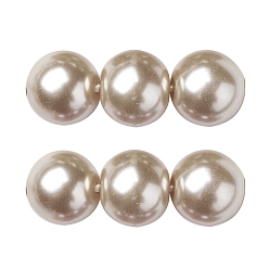 Linen Eco-Friendly Dyed Glass Pearl Round Beads Strands, Grade A, Cotton Cord Threaded, Linen, 8mm, Hole: 0.7~1.1mm, about 52pcs/strand, 15 inch