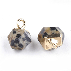 Dalmatian Jasper Electroplate Natural Dalmatian Jasper Star Cut Round Charms, with Iron Findings, Faceted, Golden, 11~12x8x8mm, Hole: 1.5mm