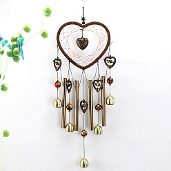 Heart Resin Heart Woven Net/Web Wind Chimes, with Alloy Hollow Tubes and Bells, for Home Party Festival Decor, Coconut Brown, 600x170mm