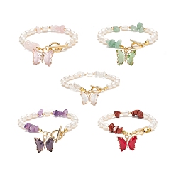 Mixed Stone Glass Butterfly Charm Bracelet with Clear Cubic Zirconia, Natural Gemstone Chips & Pearl Beaded Bracelet for Women, 7-5/8 inch(19.5cm)