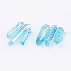 Cyan Perles de verre graduées en cristal de quartz naturel électrolytique, nuggets, cyan, 21~43x5~13mm, trou: 1 mm, 3 pcs / ensemble 