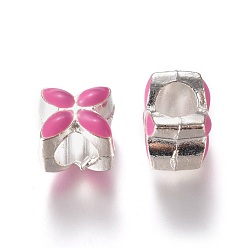 Deep Pink Alloy Enamel European Beads, Large Hole Beads, Flower, Silver Color Plated, Deep Pink, 10x10x8mm, Hole: 5mm