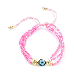 Hot Pink Adjustable Glass & Lampwork Evil Eye Braided Beaded Bracelet for Women, Hot Pink, Inner Diameter: 1-7/8~2-3/4 inch(4.7~7cm)
