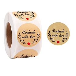 BurlyWood Rollo de pegatinas de regalo de amor hecho a mano de papel kraft autoadhesivo, Vinilos para sellar regalos con puntos redondos y flores, para deformar regalos, burlywood, 25 mm, 500pcs / rollo